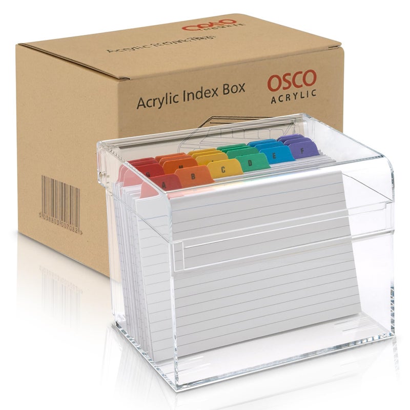 OSCO Clear Acrylic Index Box, Large, A to Z Divider Tabs, 100 Lined Note Cards, 7" x 5", Ruled Revision Flash Cards, Recipe Notes, Office Contact Filing, Desktop Organiser, 177 x 127 mm - Image 5